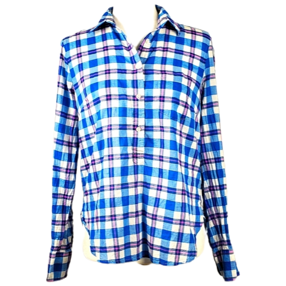 J. Crew classic size 4 blue pink plaid half Button Up Top NWOT